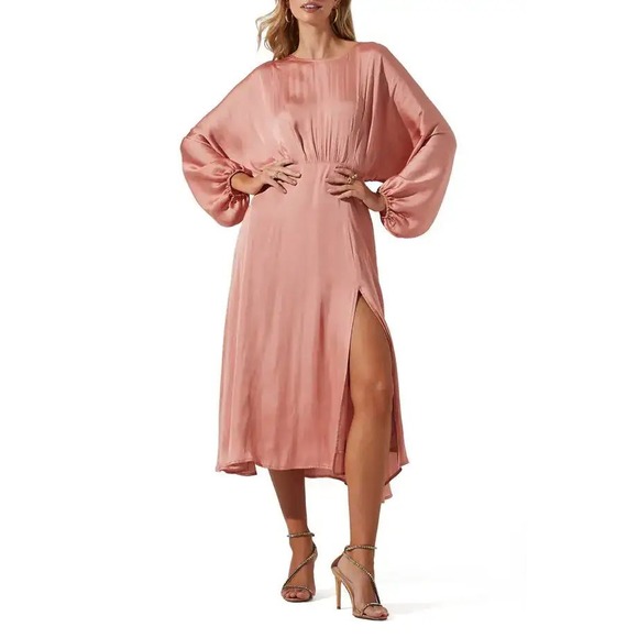 Blush Dresses & Skirts - Blush Satin Midi Dress in Rose Blush with Balloon Sleeves
